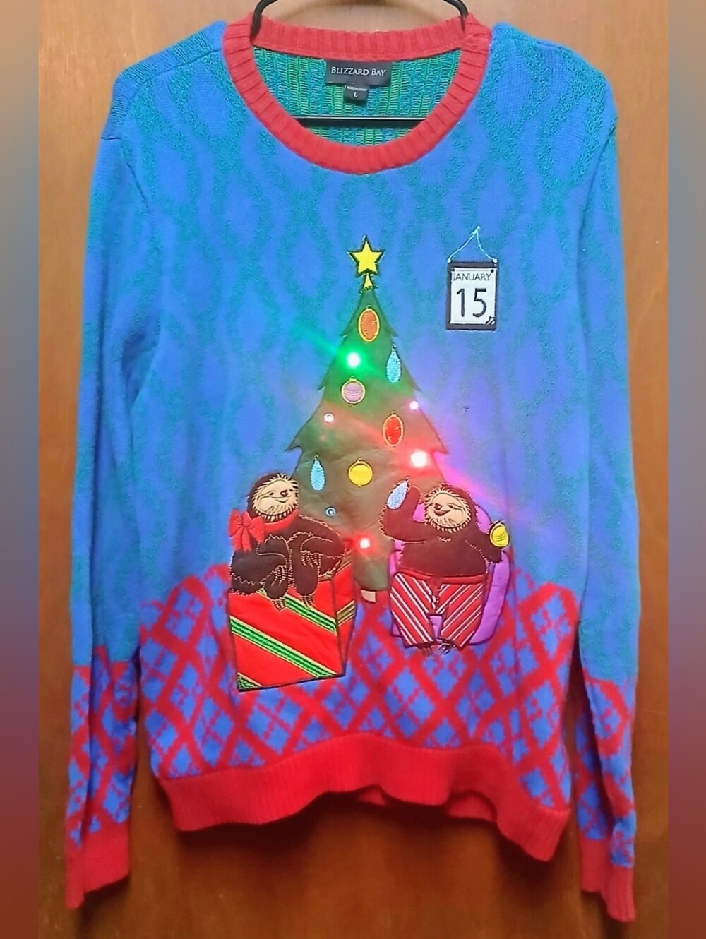 Blizzard Bay Ugly Christmas Sweater Unisex Sz L "Late Sloths" LIGHTS UP PLZ READ